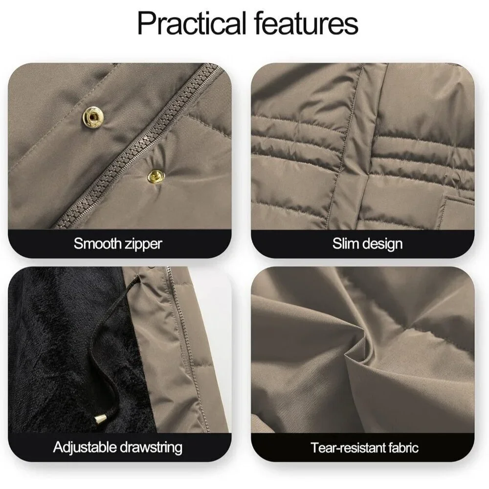 Women's Khaki Winter Warm Long Drawstring Waterproof Snow Puffer Jacket